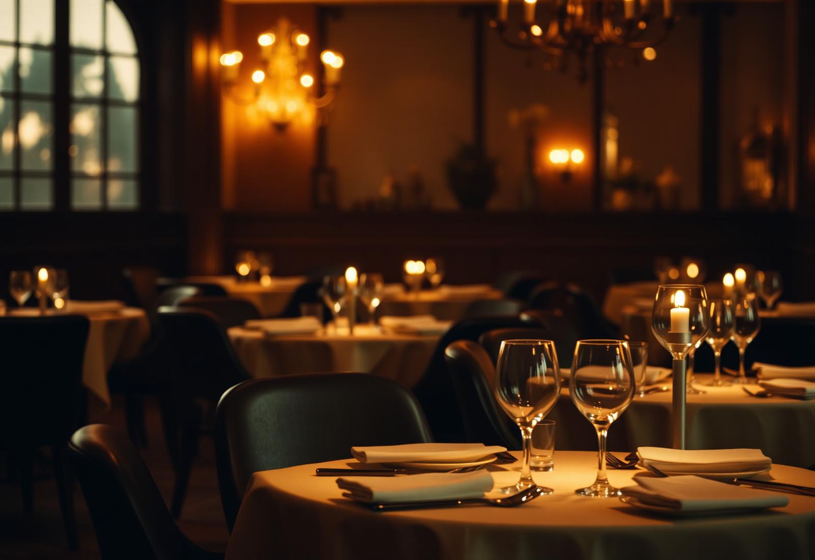 Elegant restaurant dining room at golden hour