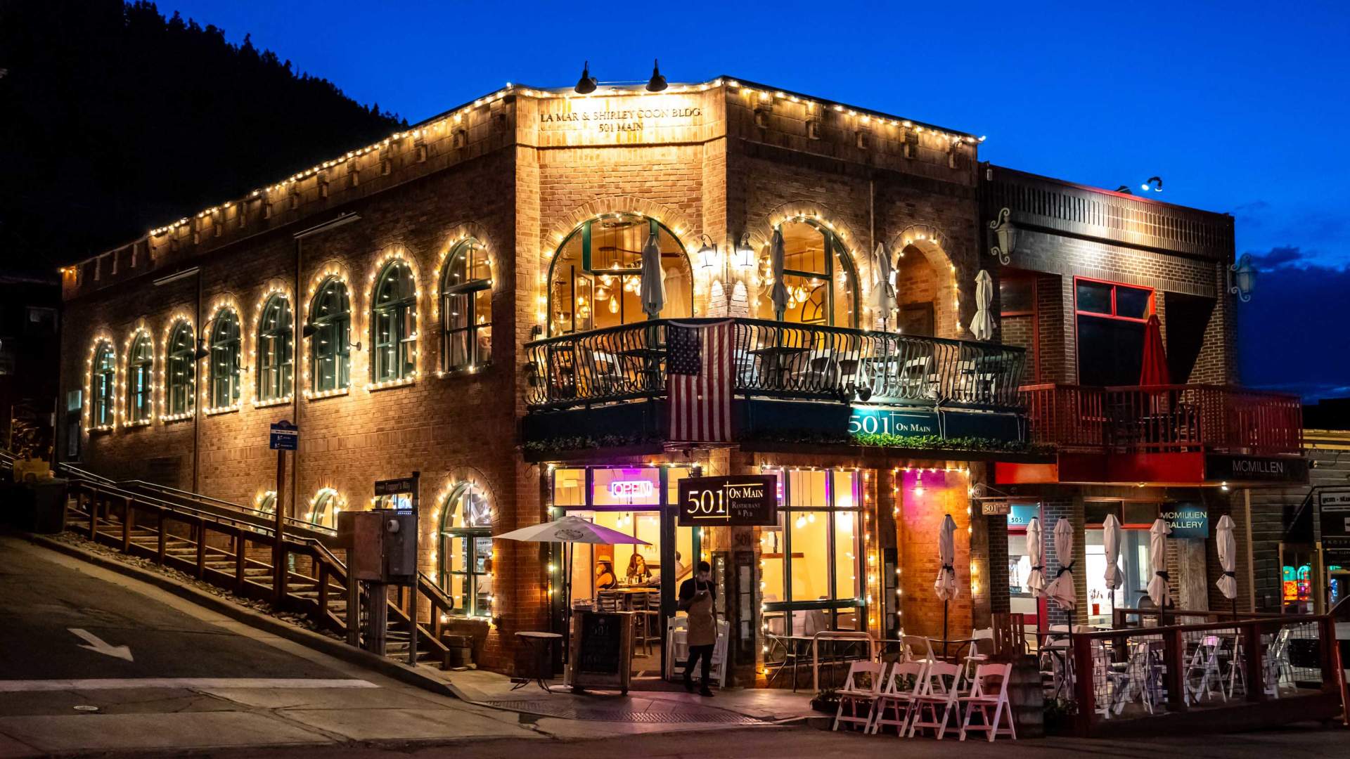 Historic restaurant facade at night